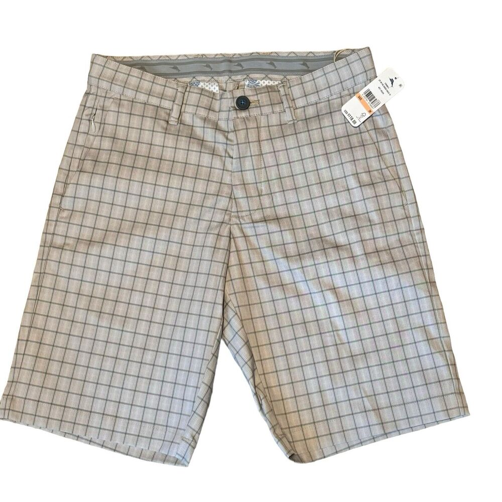Tommy Bahama Golf IslandZone Plaid Shorts Tan Flat Front Stretch 28 NEW